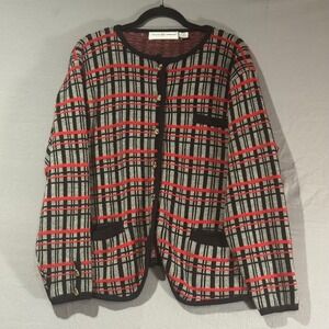 Maggie Lawrence Cardigan Women 18/20 Red Black Plaid Excellent Gold Button Knit